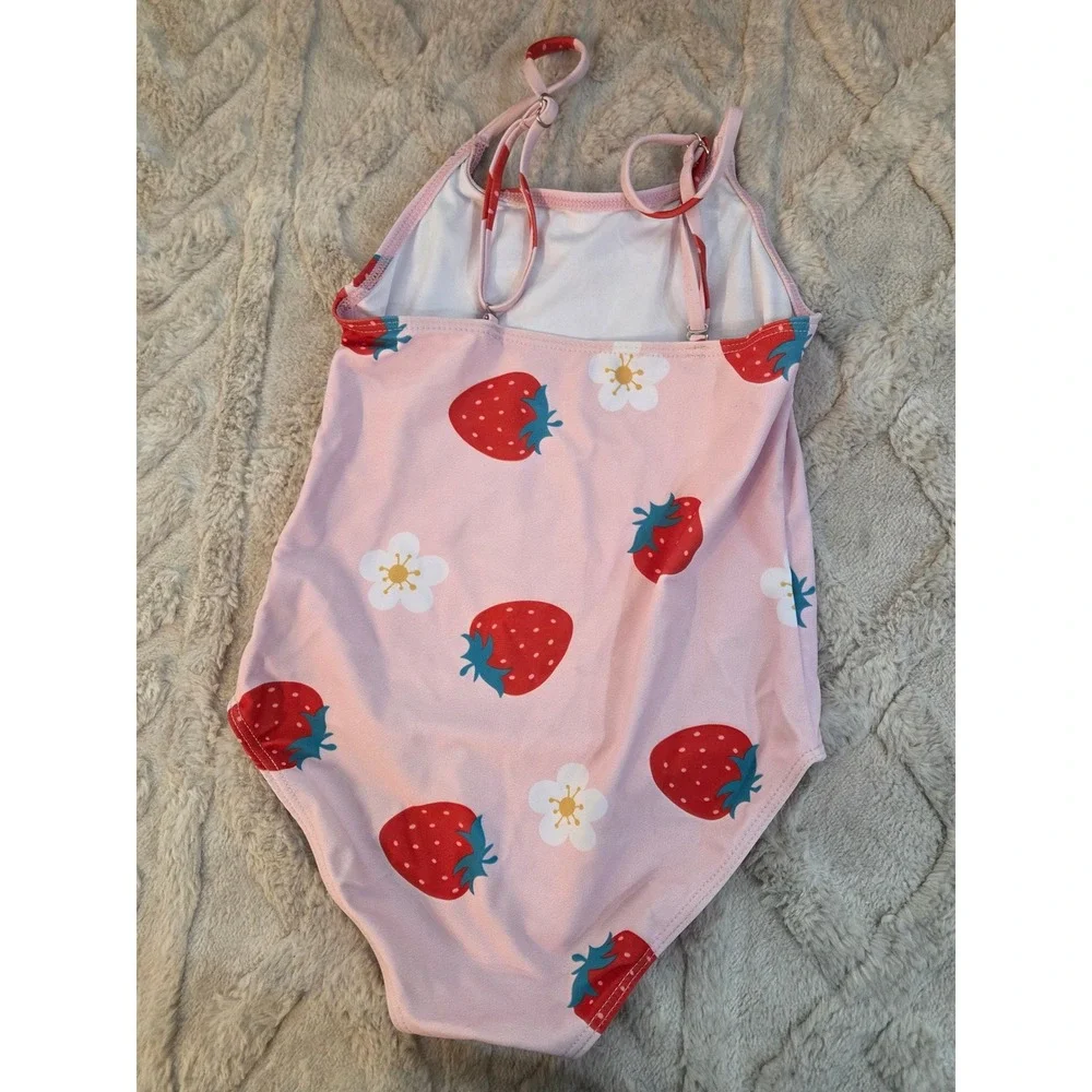 Girls Pink Strawberry Flower Print‎ One Piece Swimsuit Size L Adjustable Straps